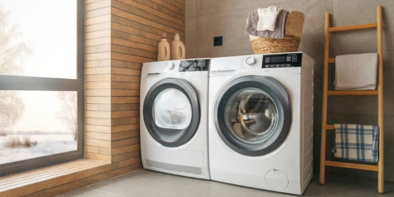 A dryer and washing machine sit near the window in a home.
